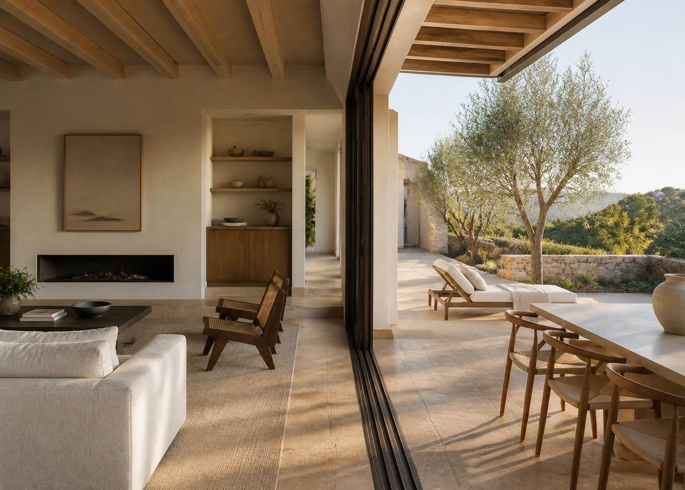 Salón contemporáneo abierto a una terraza ajardinada con luz cálida de tarde