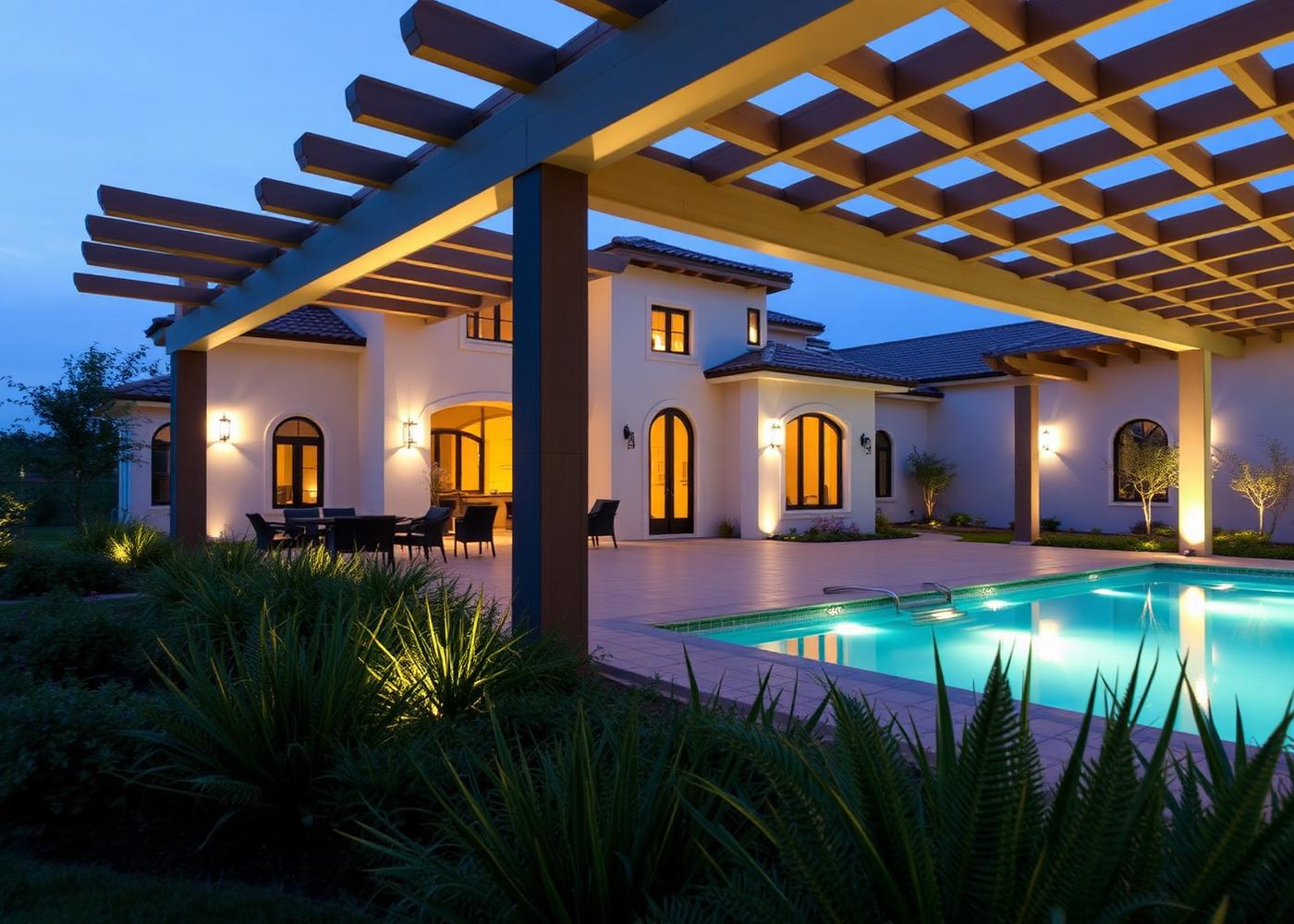 Conjunto exterior con pérgola, piscina y jardín iluminados al anochecer