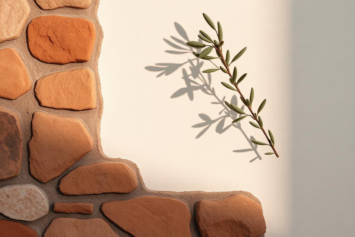 Detalle de materiales: piedra, estuco marfil y olivo